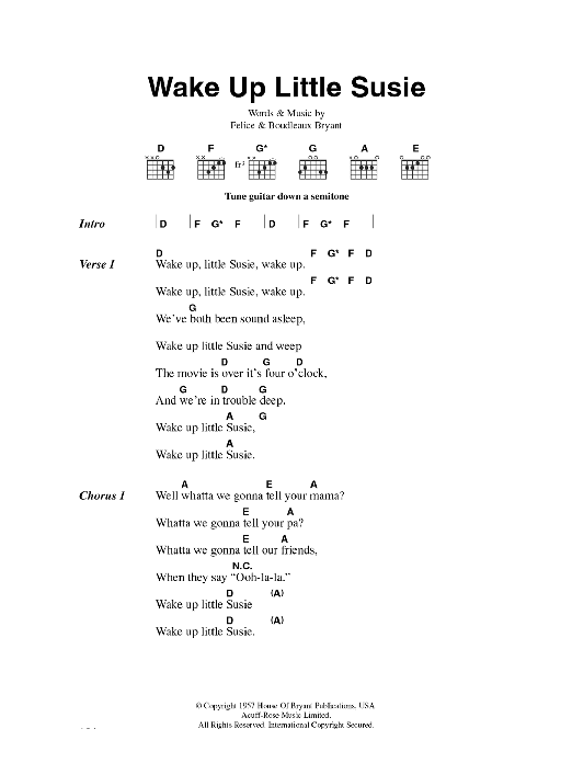 Everly Brothers Wake Up Little Susie Sheet Music Notes & Chords for Piano, Vocal & Guitar (Right-Hand Melody) - Download or Print PDF