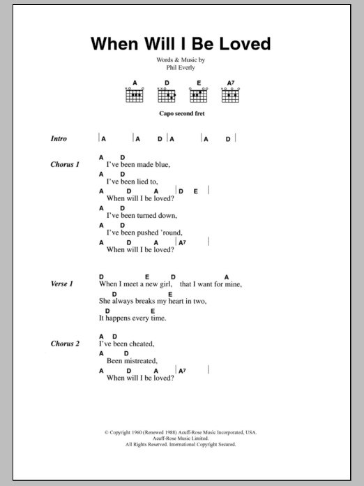 The Everly Brothers When Will I Be Loved? Sheet Music Notes & Chords for Lyrics & Chords - Download or Print PDF