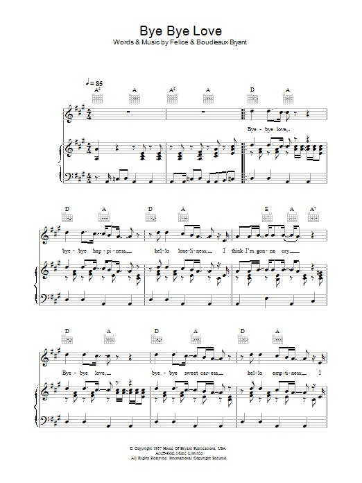 Preview Everly Brothers Bye Bye Love Rock N Roll sheet music, notes and chords for Piano, Vocal & Guitar (Right-Hand Melody), SKU: 104266 Bye Bye Love sheet music