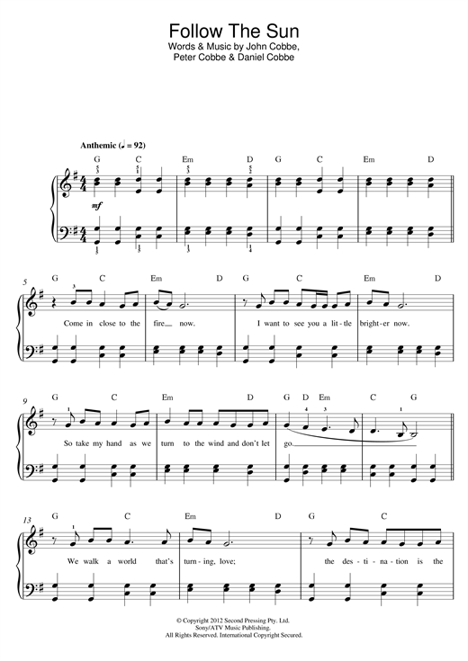 Evermore Follow The Sun Sheet Music Notes & Chords for Beginner Piano - Download or Print PDF