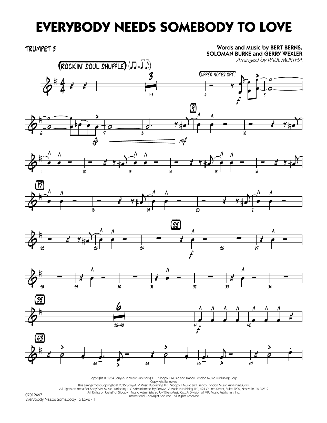 John Berry Everybody Needs Somebody To Love Trumpet 3 Chords Sheet Music Notes Download Blues Jazz Ensemble Pdf Print 378168