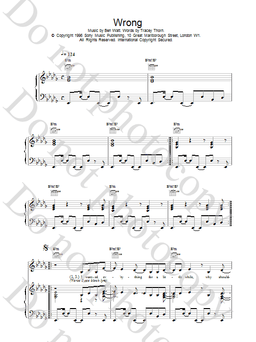 Everything But The Girl Wrong Sheet Music Notes & Chords for Piano, Vocal & Guitar (Right-Hand Melody) - Download or Print PDF