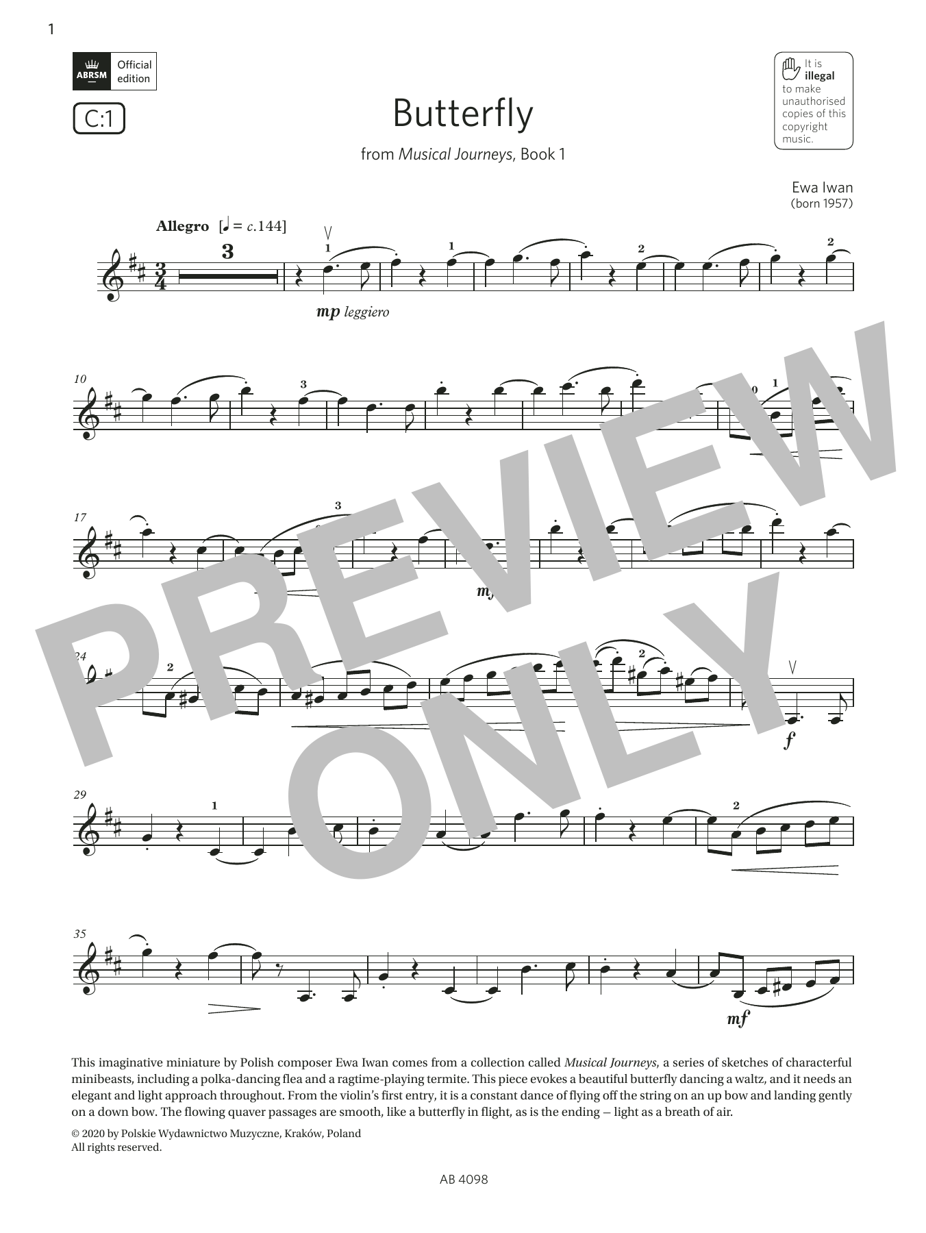 Ewa Iwan Butterfly (Grade 4, C1, from the ABRSM Violin Syllabus from 2024) Sheet Music Notes & Chords for Violin Solo - Download or Print PDF