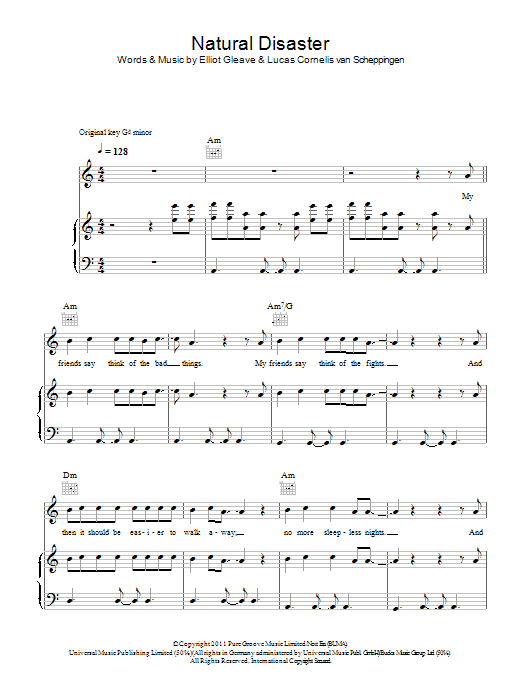 Example featuring Laid Back Luke Natural Disaster Sheet Music Notes & Chords for Piano, Vocal & Guitar (Right-Hand Melody) - Download or Print PDF