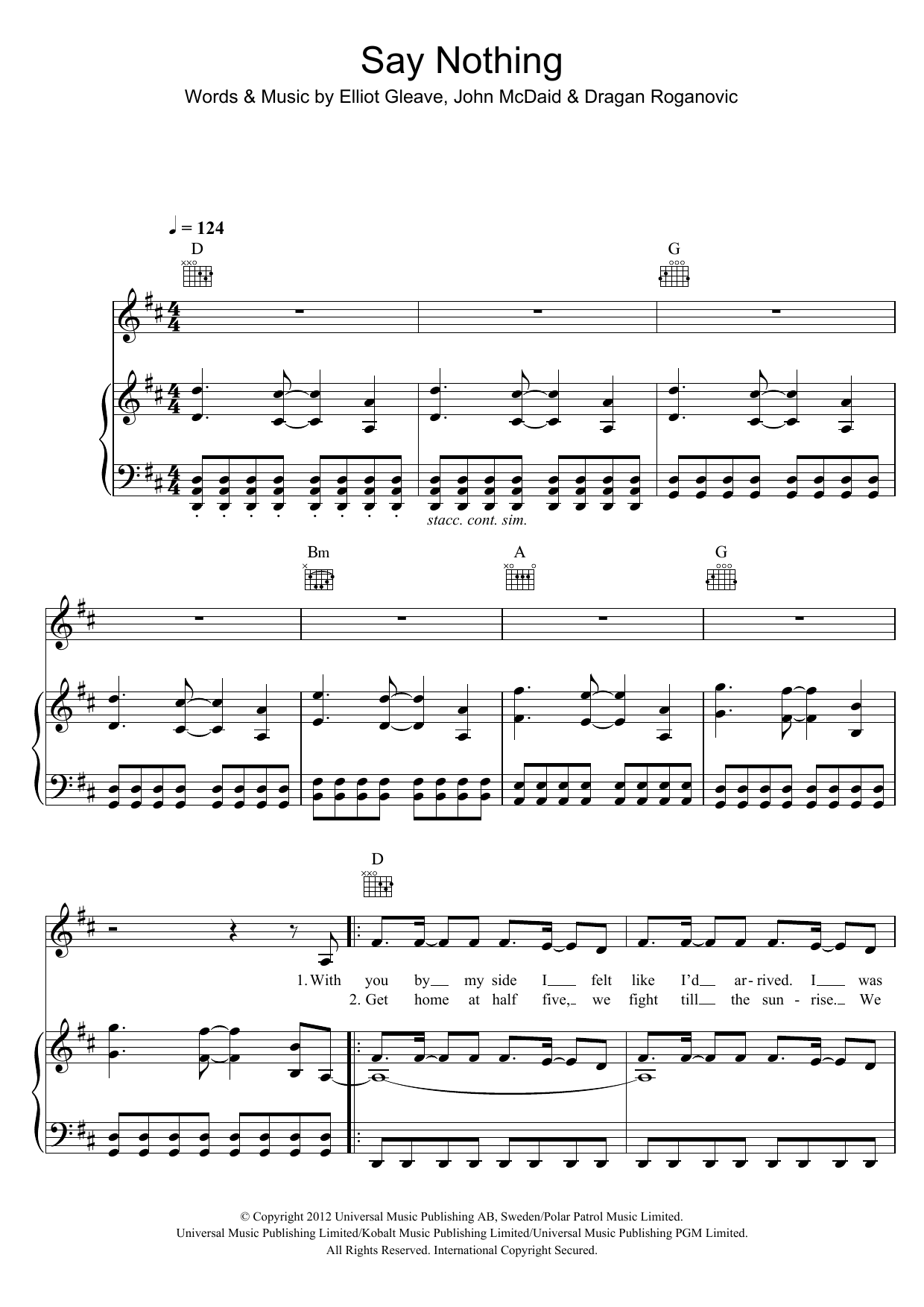 Example Say Nothing Sheet Music Notes & Chords for Piano, Vocal & Guitar (Right-Hand Melody) - Download or Print PDF