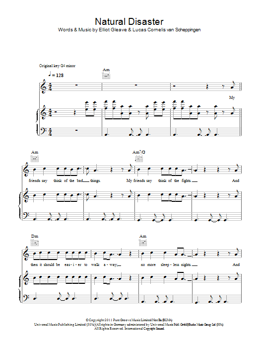 Preview Example featuring Laid Back Luke Natural Disaster Pop sheet music, notes and chords for Piano, Vocal & Guitar (Right-Hand Melody), SKU: 112913 Natural Disaster sheet music