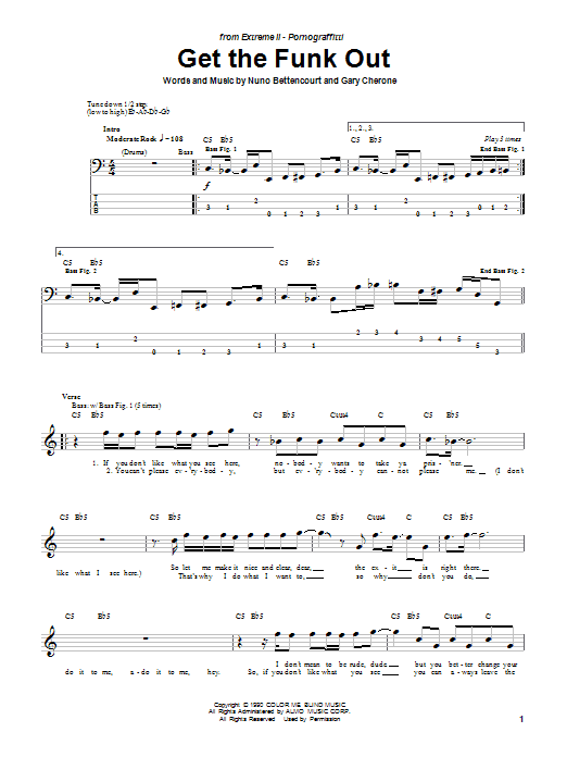 Extreme Get The Funk Out Sheet Music Notes & Chords for Easy Bass Tab - Download or Print PDF