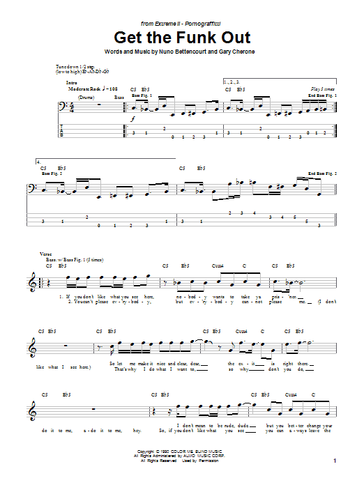 Preview Extreme Get The Funk Out Pop sheet music, notes and chords for Bass Guitar Tab, SKU: 50205 Get The Funk Out sheet music