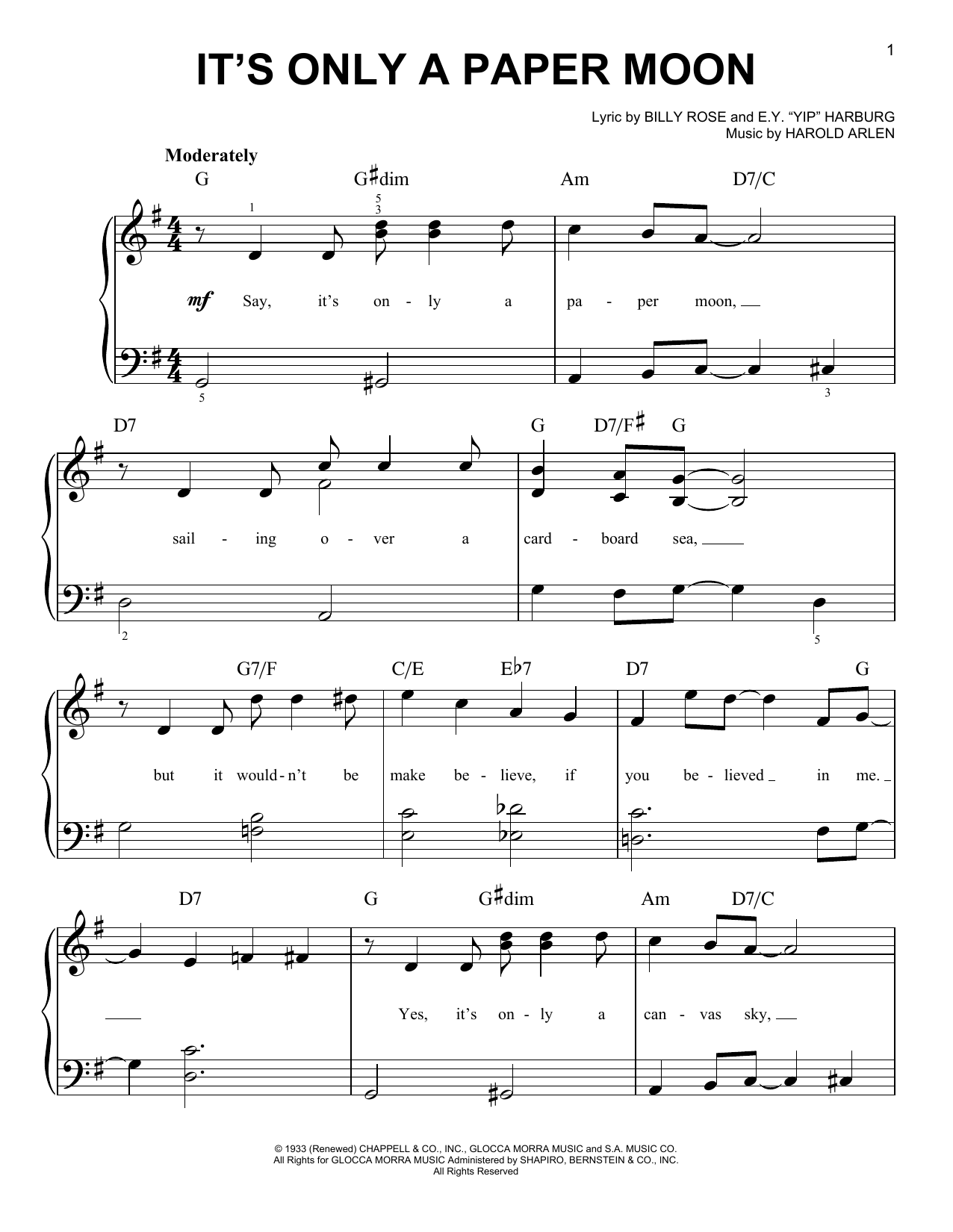 E.Y. Harburg It's Only A Paper Moon Sheet Music Notes & Chords for Piano, Vocal & Guitar (Right-Hand Melody) - Download or Print PDF