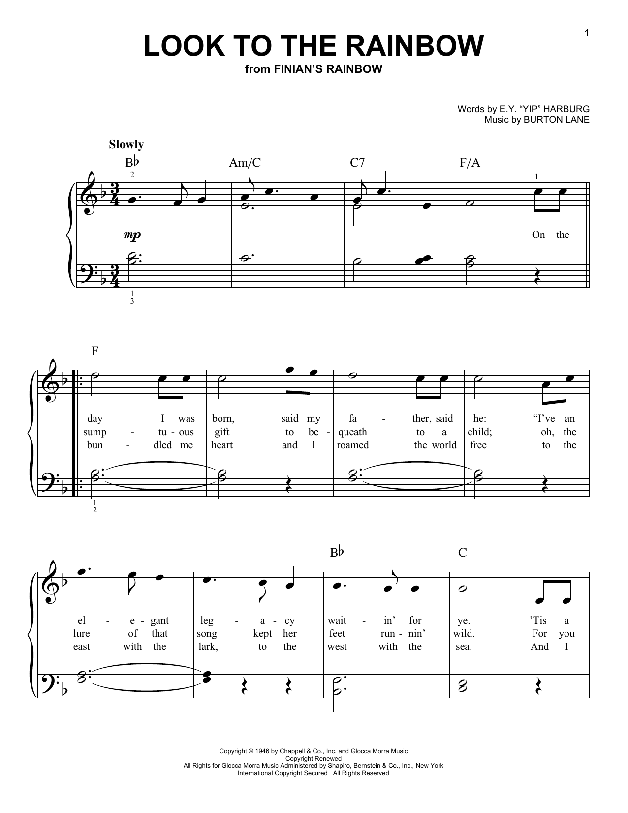 E.Y. Harburg Look To The Rainbow (from Finian's Rainbow) Sheet Music Notes & Chords for Very Easy Piano - Download or Print PDF