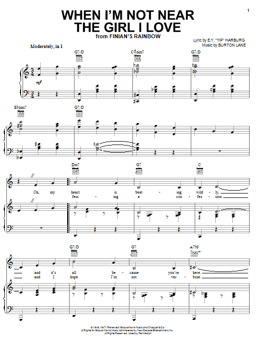 E.Y. Harburg When I'm Not Near The Girl I Love Sheet Music Notes & Chords for Piano, Vocal & Guitar (Right-Hand Melody) - Download or Print PDF