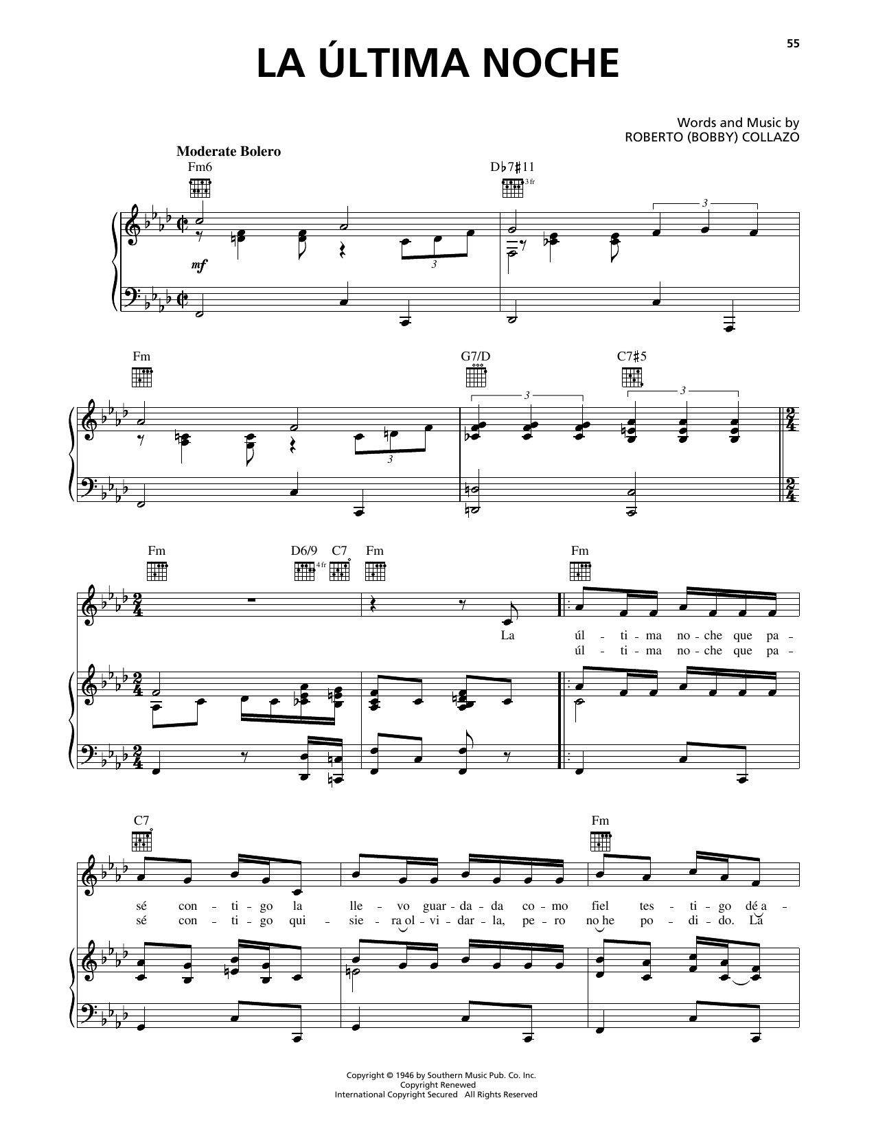 Eydie Gormé La Ultima Noche Sheet Music Notes & Chords for Piano, Vocal & Guitar Chords (Right-Hand Melody) - Download or Print PDF