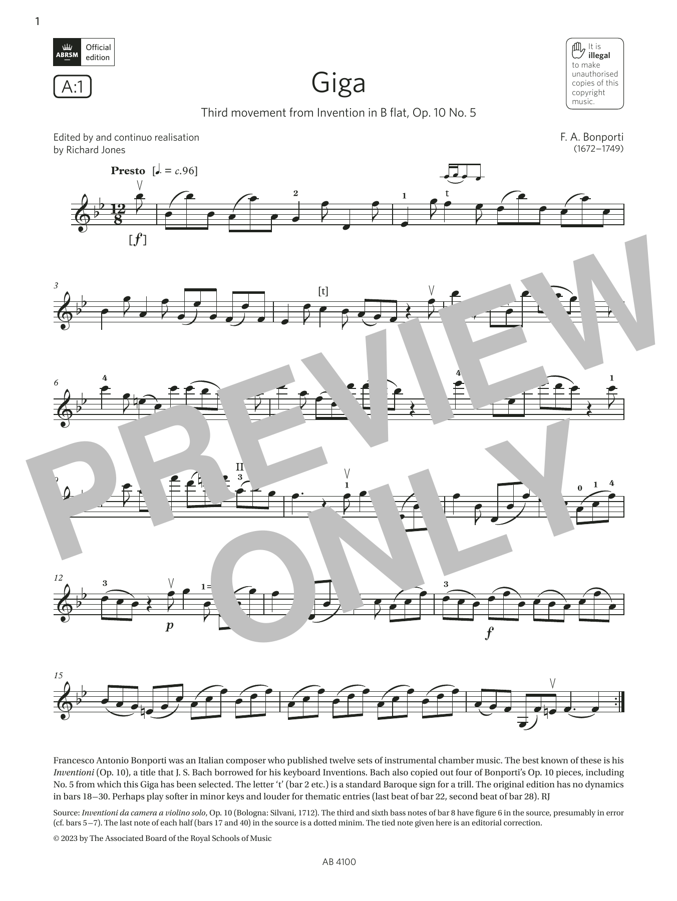 F. A. Bonporti Giga (Grade 6, A1, from the ABRSM Violin Syllabus from 2024) Sheet Music Notes & Chords for Violin Solo - Download or Print PDF