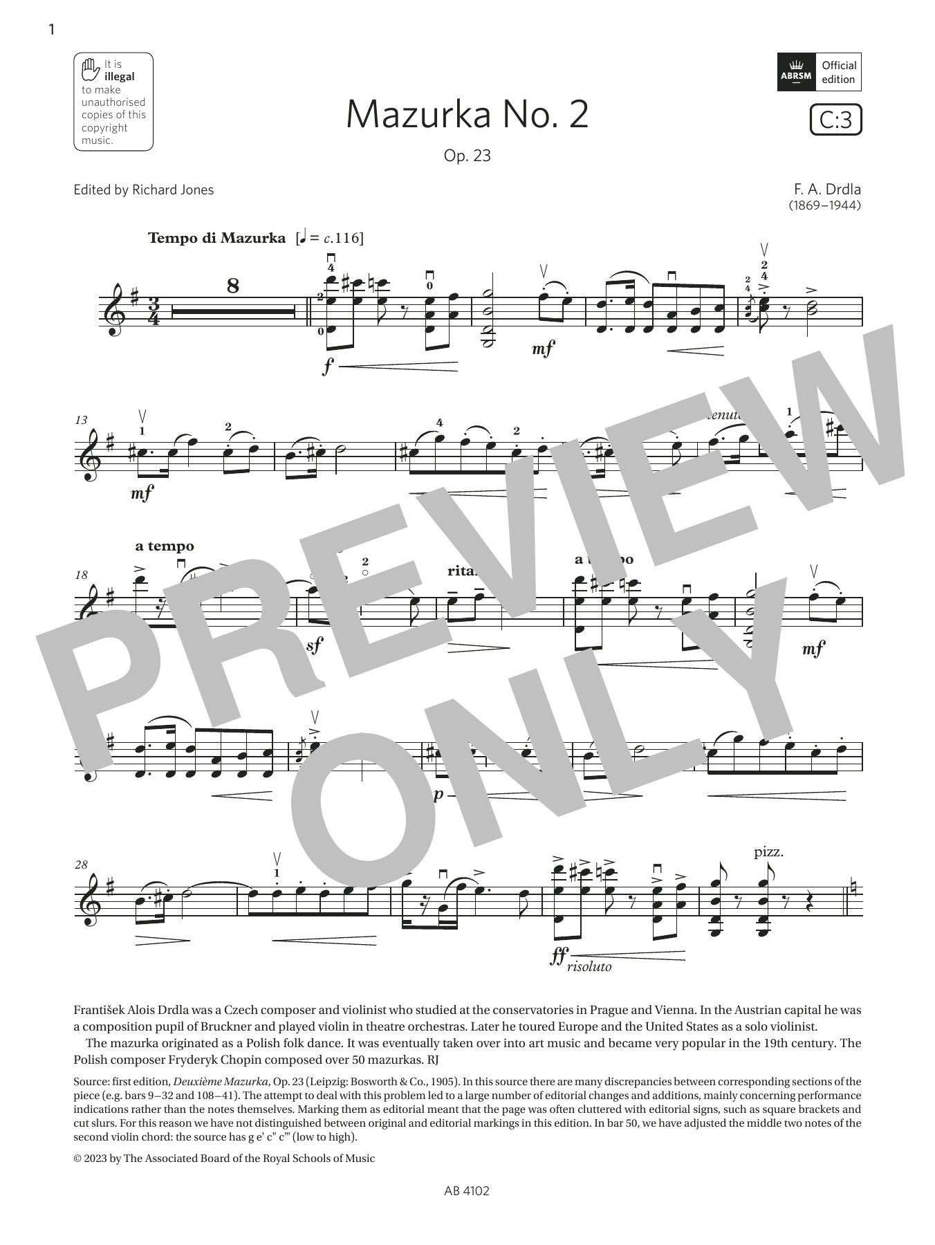 F. A. Drdla Mazurka No. 2 (Grade 8, C3, from the ABRSM Violin Syllabus from 2024) Sheet Music Notes & Chords for Violin Solo - Download or Print PDF