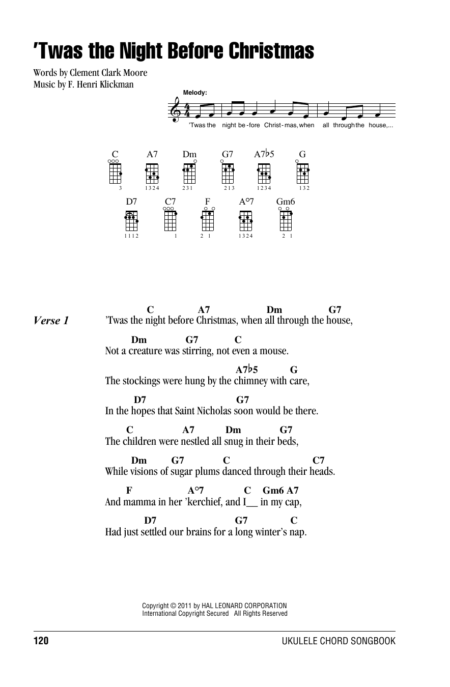 F. Henri Klickman 'Twas The Night Before Christmas Sheet Music Notes & Chords for Ukulele with strumming patterns - Download or Print PDF