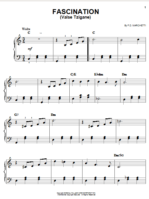 Preview F.D. Marchetti Fascination (Valse Tzigane) Film and TV sheet music, notes and chords for Piano, SKU: 83722 Fascination (Valse Tzigane) sheet music