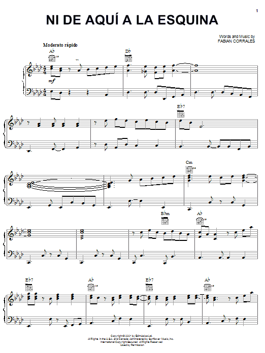 Fabian Corrales Ni de Aquí a La Esquina Sheet Music Notes & Chords for Piano, Vocal & Guitar (Right-Hand Melody) - Download or Print PDF