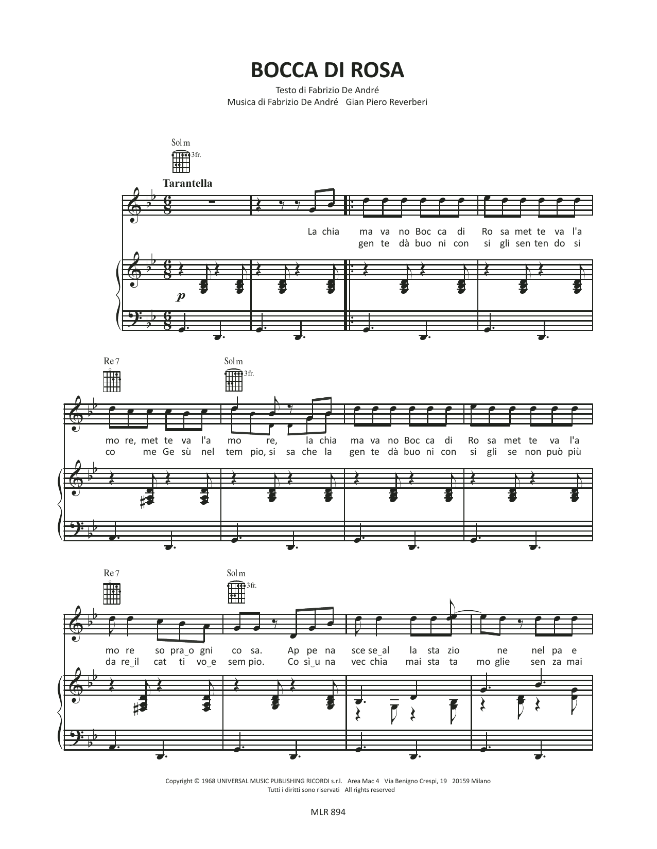 Fabrizio De André Bocca di rosa Sheet Music Notes & Chords for Piano & Vocal - Download or Print PDF