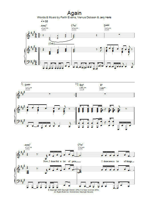Faith Evans Again Sheet Music Notes & Chords for Piano, Vocal & Guitar (Right-Hand Melody) - Download or Print PDF
