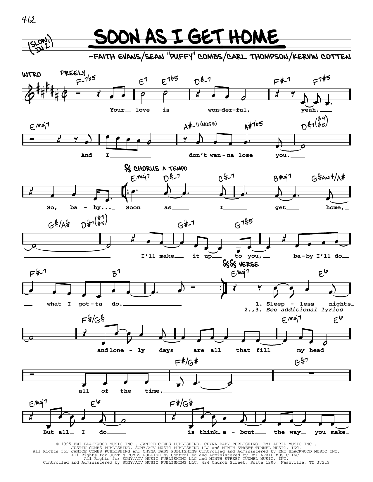 Faith Evans Soon As I Get Home Sheet Music Notes & Chords for Piano, Vocal & Guitar Chords (Right-Hand Melody) - Download or Print PDF