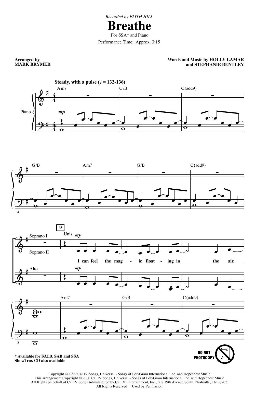 Faith Hill Breathe (arr. Mark Brymer) Sheet Music Notes & Chords for SAB Choir - Download or Print PDF