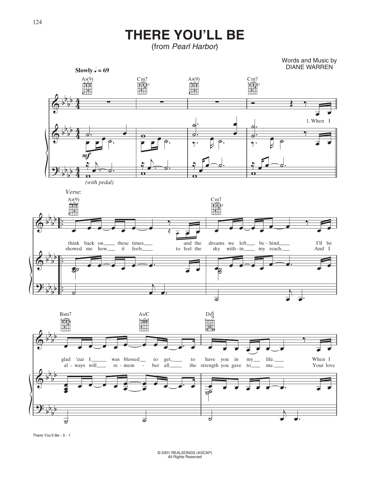 Faith Hill There You'll Be (from Pearl Harbor) Sheet Music Notes & Chords for Piano, Vocal & Guitar Chords (Right-Hand Melody) - Download or Print PDF