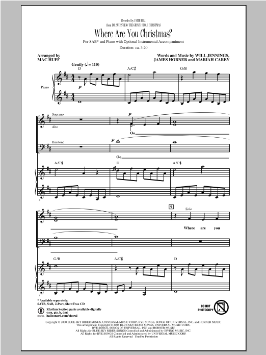 Faith Hill Where Are You Christmas? (arr. Mac Huff) (from How The Grinch Stole Christmas) Sheet Music Notes & Chords for SAB - Download or Print PDF