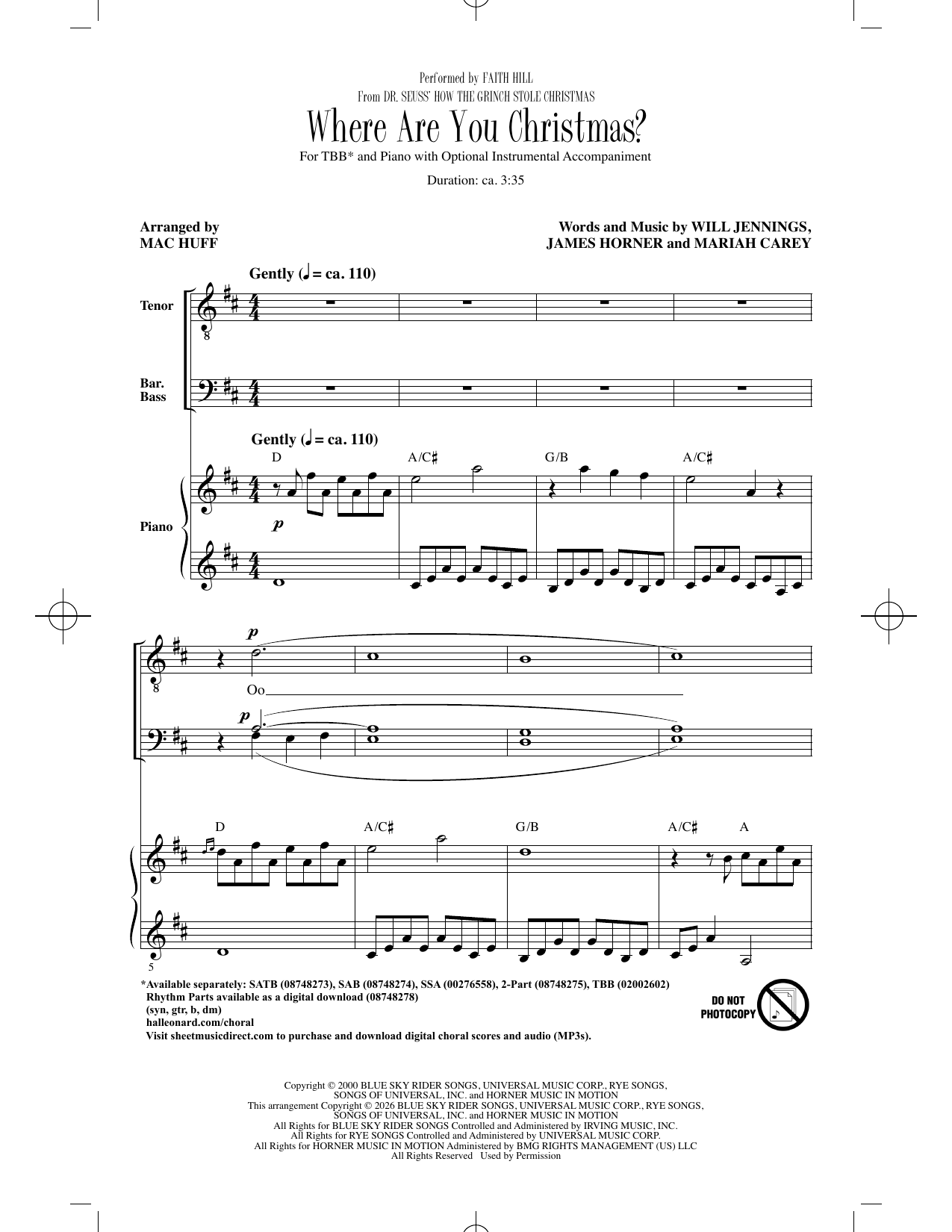 Faith Hill Where Are You Christmas? (from Dr. Seuss' How The Grinch Stole Christmas) (arr. Mac Huff) Sheet Music Notes & Chords for TBB Choir - Download or Print PDF