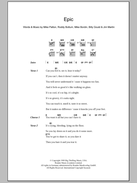 Faith No More Epic Sheet Music Notes & Chords for Easy Guitar Tab - Download or Print PDF Faith No More Epic Sheet Music Notes & Chords for Easy Guitar Tab - Download or Print PDF