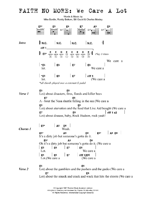 Faith No More We Care A Lot Sheet Music Notes & Chords for Lyrics & Chords - Download or Print PDF