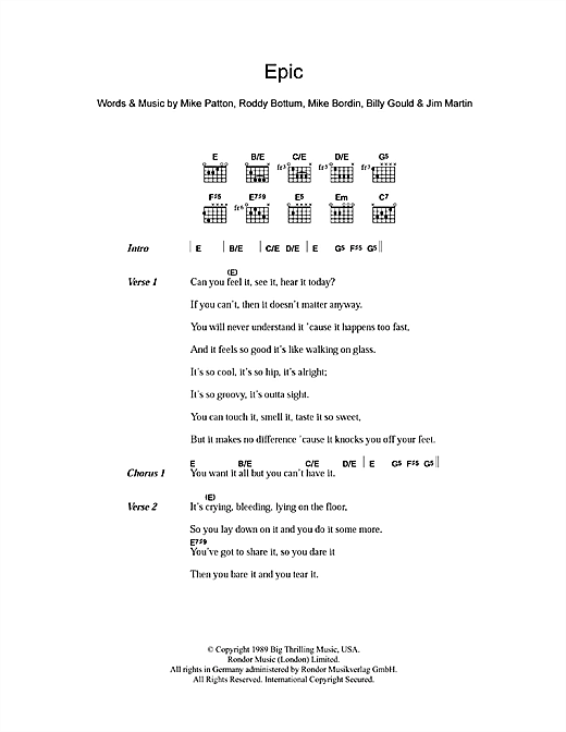 Faith No More Epic Sheet Music Notes & Chords for Lyrics & Chords - Download or Print PDF