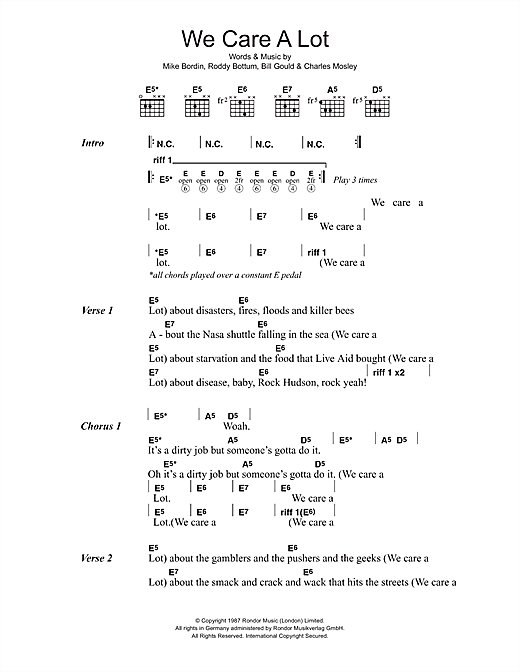 Faith No More We Care A Lot Sheet Music Notes & Chords for Lyrics & Chords - Download or Print PDF