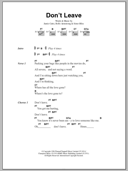 Faithless Don't Leave Sheet Music Notes & Chords for Lyrics & Chords - Download or Print PDF