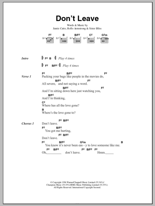 Faithless Don't Leave Sheet Music Notes & Chords for Piano, Vocal & Guitar - Download or Print PDF