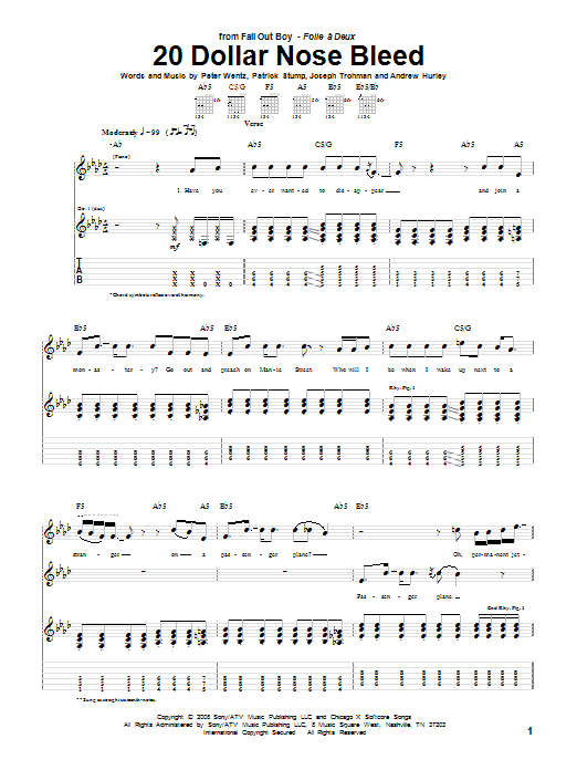 Fall Out Boy 20 Dollar Nose Bleed Sheet Music Notes & Chords for Guitar Tab - Download or Print PDF