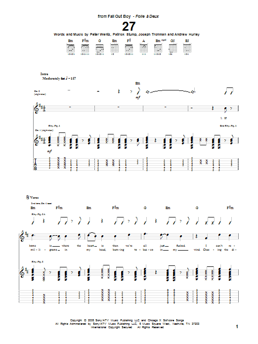 Fall Out Boy 27 Sheet Music Notes & Chords for Guitar Tab - Download or Print PDF