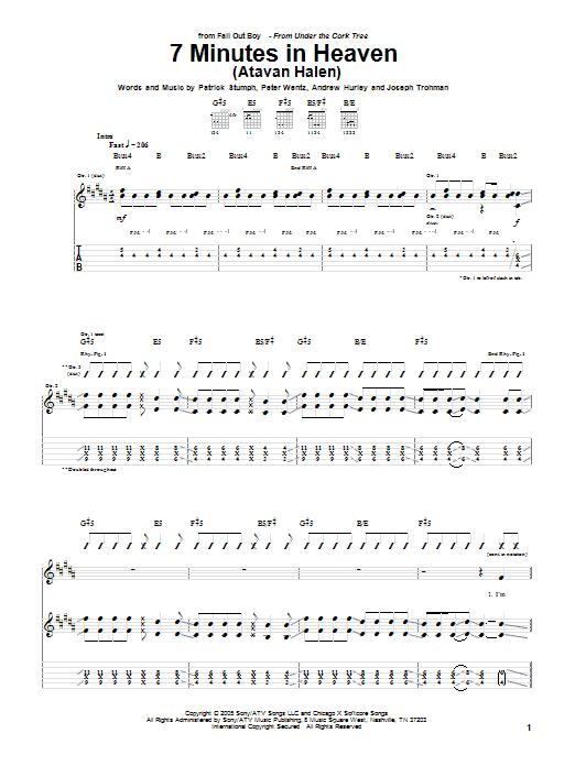 Fall Out Boy 7 Minutes In Heaven (Atavan Halen) Sheet Music Notes & Chords for Guitar Tab - Download or Print PDF