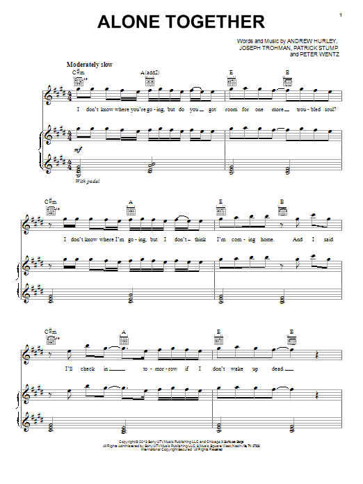 Fall Out Boy Alone Together Sheet Music Notes & Chords for Piano, Vocal & Guitar (Right-Hand Melody) - Download or Print PDF