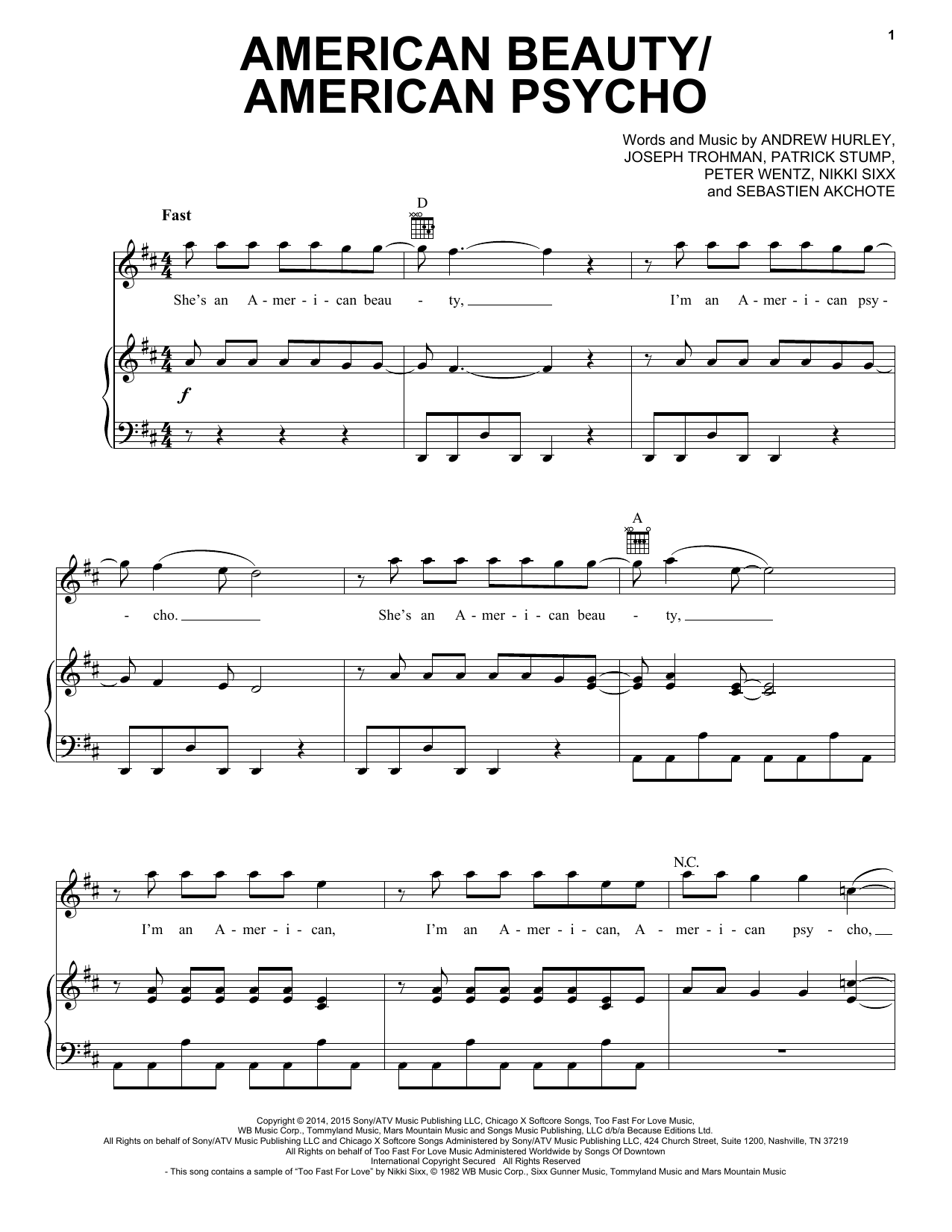 Fall Out Boy American Beauty/American Psycho Sheet Music Notes & Chords for Piano, Vocal & Guitar (Right-Hand Melody) - Download or Print PDF