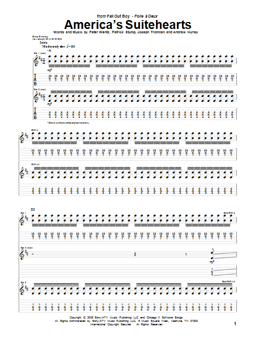 Fall Out Boy America's Suitehearts Sheet Music Notes & Chords for Guitar Tab - Download or Print PDF