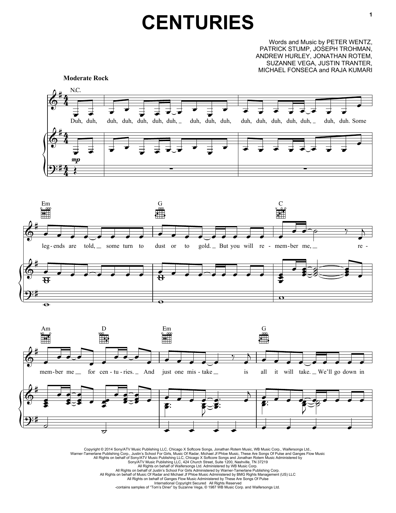 Fall Out Boy Centuries Sheet Music Notes & Chords for Piano, Vocal & Guitar (Right-Hand Melody) - Download or Print PDF