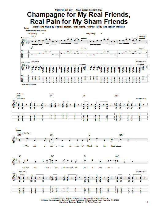 Fall Out Boy Champagne For My Real Friends, Real Pain For My Sham Friends Sheet Music Notes & Chords for Guitar Tab - Download or Print PDF