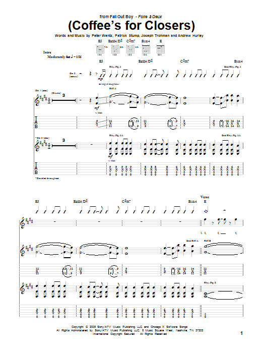Fall Out Boy (Coffee's For Closers) Sheet Music Notes & Chords for Guitar Tab - Download or Print PDF