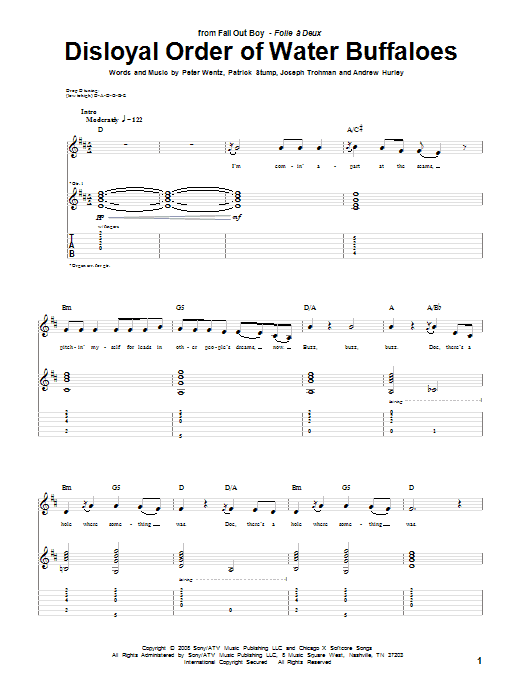 Fall Out Boy Disloyal Order Of Water Buffaloes Sheet Music Notes & Chords for Guitar Tab - Download or Print PDF