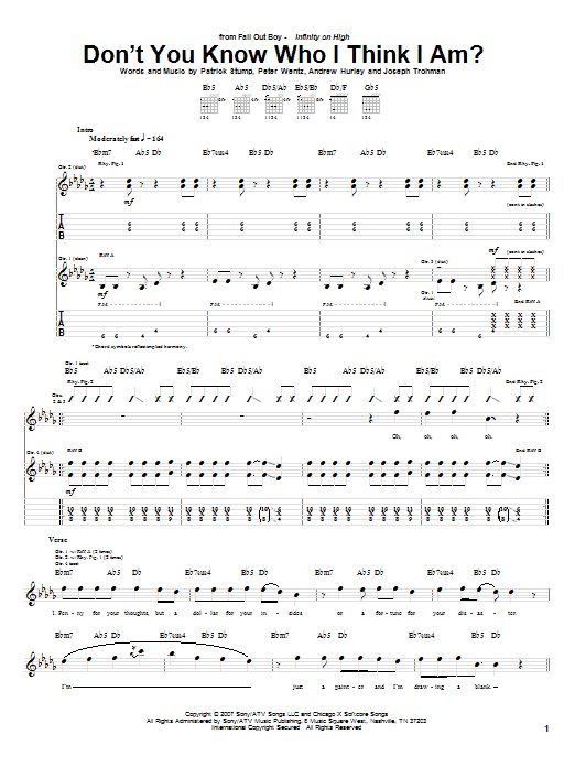 Fall Out Boy Don't You Know Who I Think I Am? Sheet Music Notes & Chords for Guitar Tab - Download or Print PDF