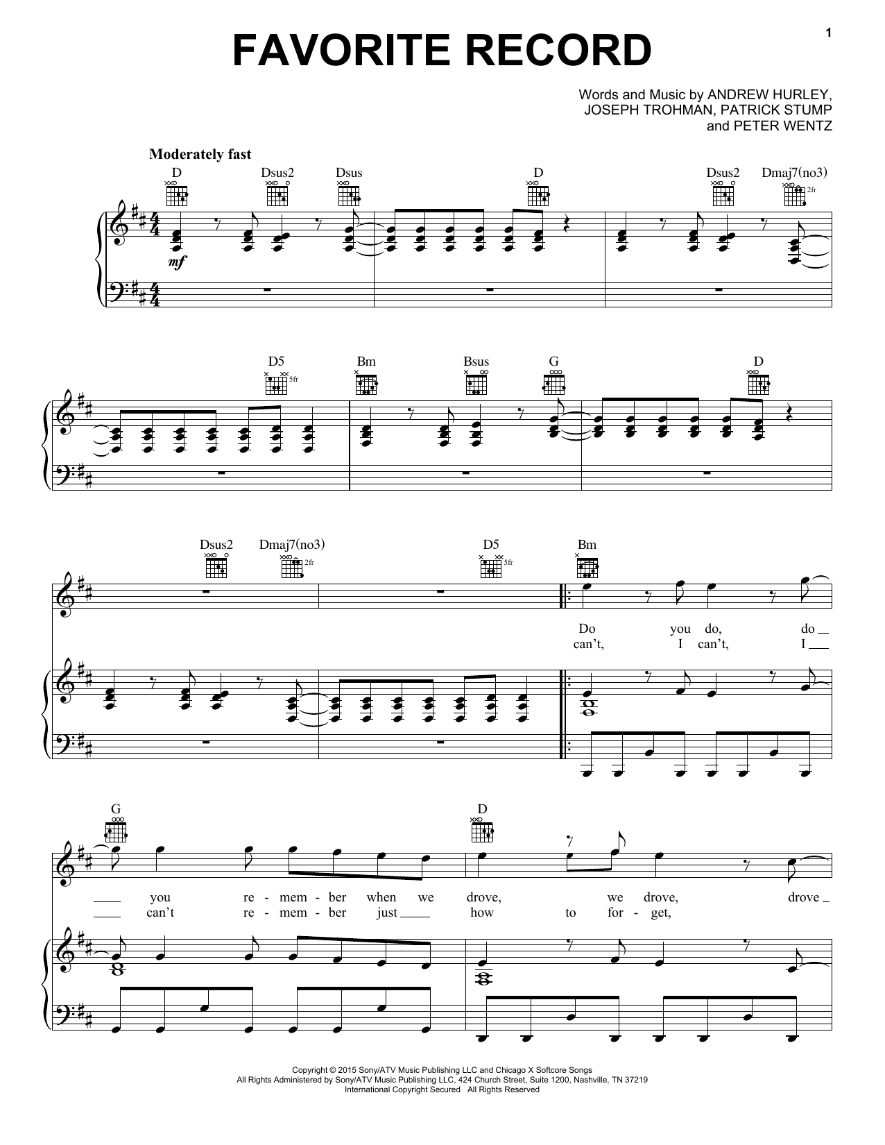 Fall Out Boy Favorite Record Sheet Music Notes & Chords for Piano, Vocal & Guitar (Right-Hand Melody) - Download or Print PDF