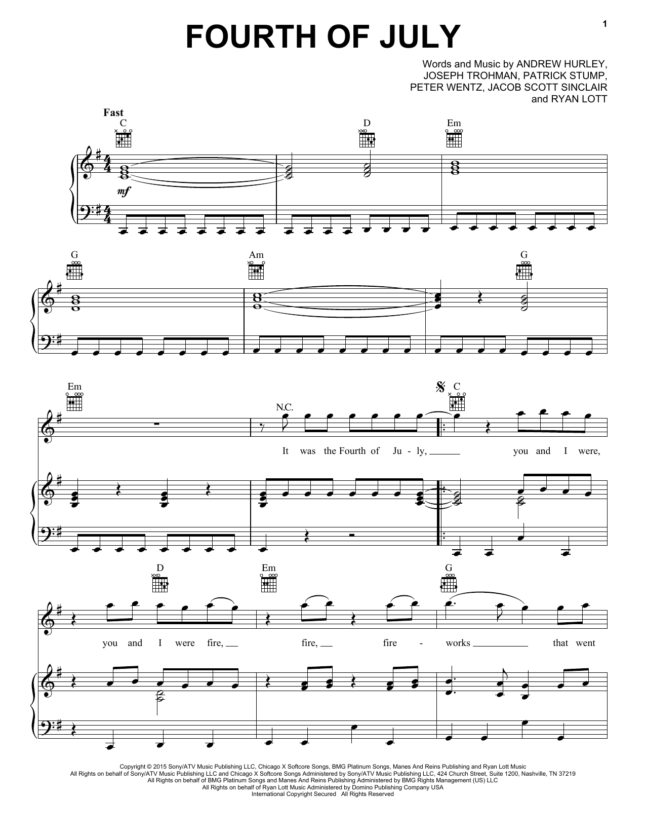 Fall Out Boy Fourth Of July Sheet Music Notes & Chords for Piano, Vocal & Guitar (Right-Hand Melody) - Download or Print PDF