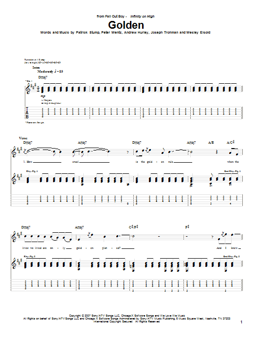 Fall Out Boy Golden Sheet Music Notes & Chords for Guitar Tab - Download or Print PDF