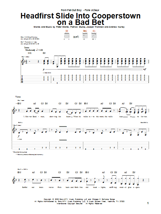 Fall Out Boy Headfirst Slide Into Cooperstown On A Bad Bet Sheet Music Notes & Chords for Guitar Tab - Download or Print PDF