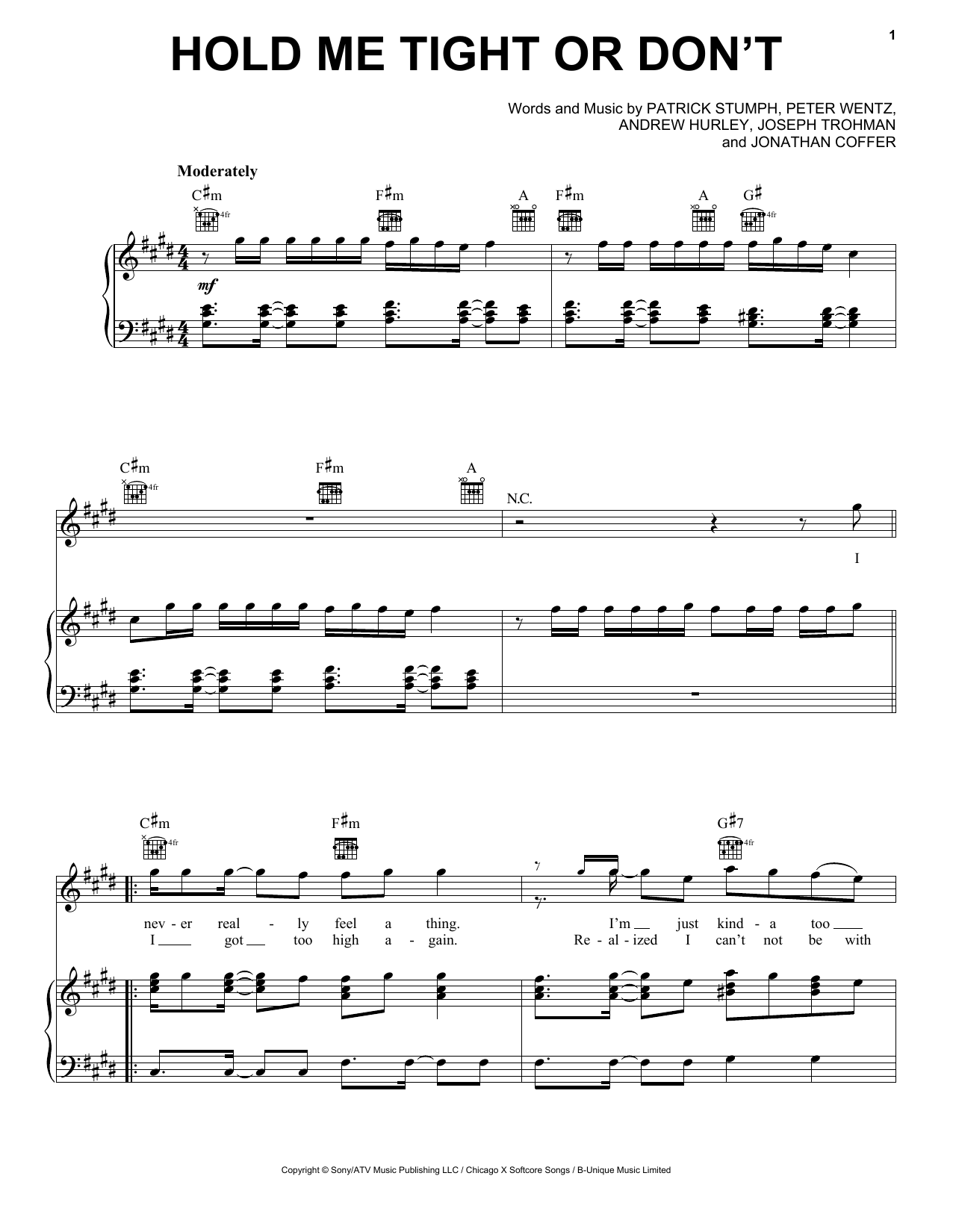 Fall Out Boy Hold Me Tight Or Don't Sheet Music Notes & Chords for Piano, Vocal & Guitar (Right-Hand Melody) - Download or Print PDF